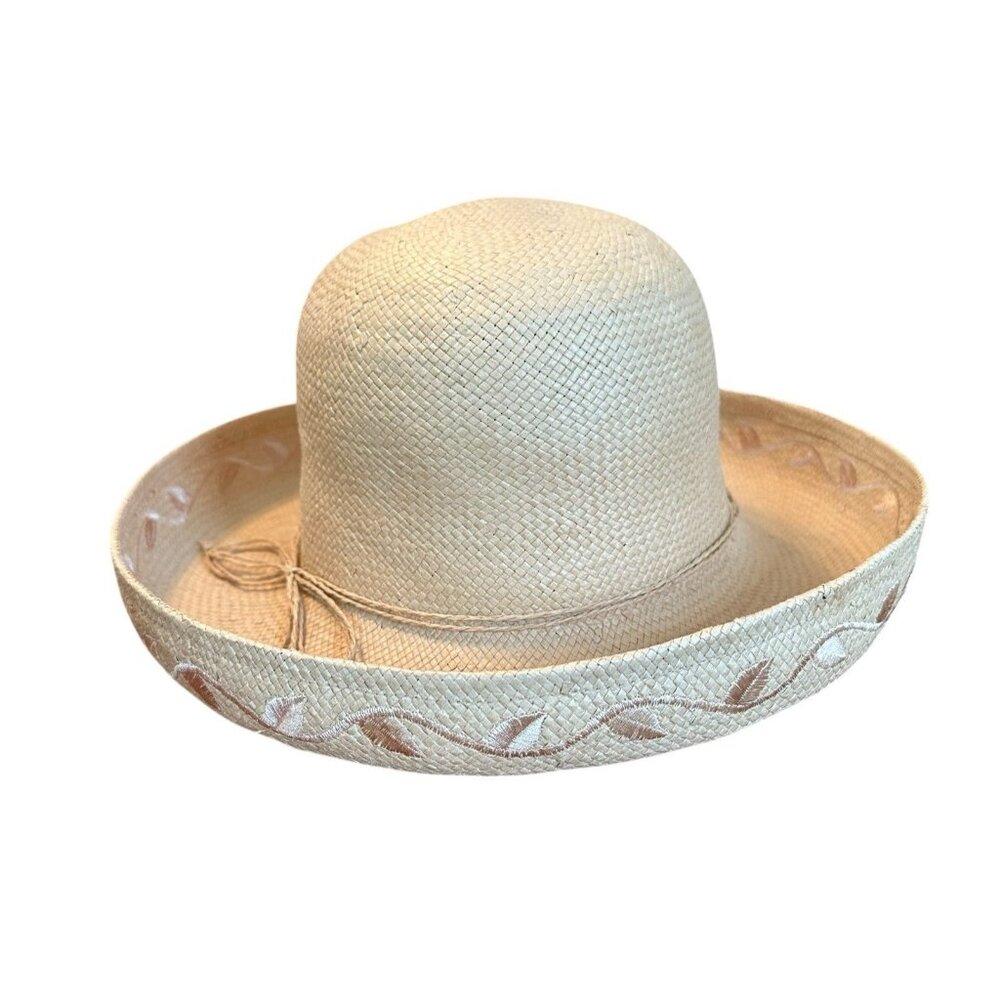 Vintage Women's Straw Sun Hat Wide Brim Embroidered Trim 100% Paper OS Vacation - Picture 1 of 7